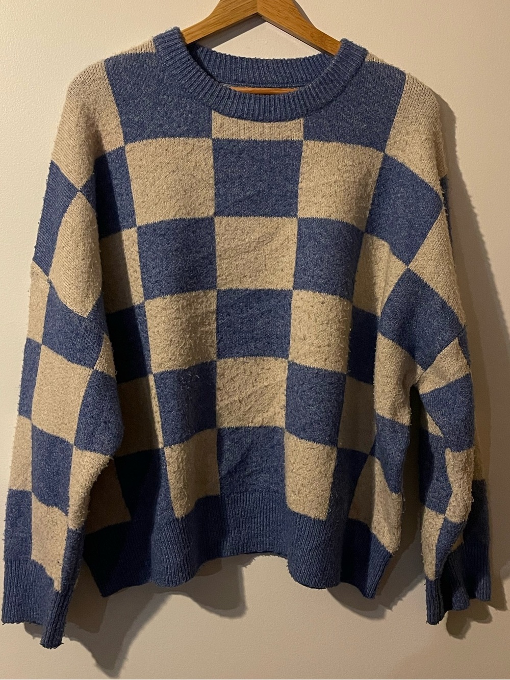Oak + Fort Checkerboard Oversized Knit Sweater Blue Cream Women M